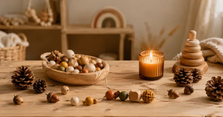 Table en bois avec pommes de pin, glands, perles en bois dans les tons automne, bougie allumée, lumière du soir chaleureuse.