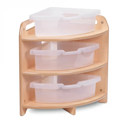 Étagère d'angle haute, 90°, avec 3 bacs transparents — Millhouse Lernspielzeug Schule