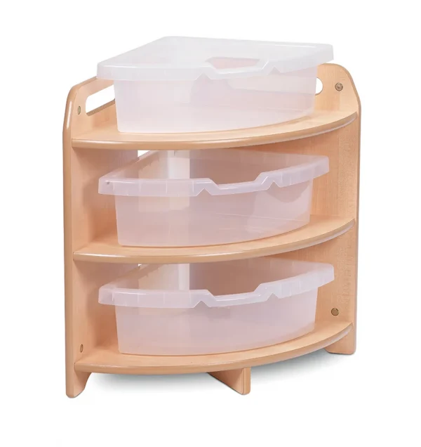 Étagère d'angle haute, 90°, avec 3 bacs transparents — Millhouse Lernspielzeug Schule