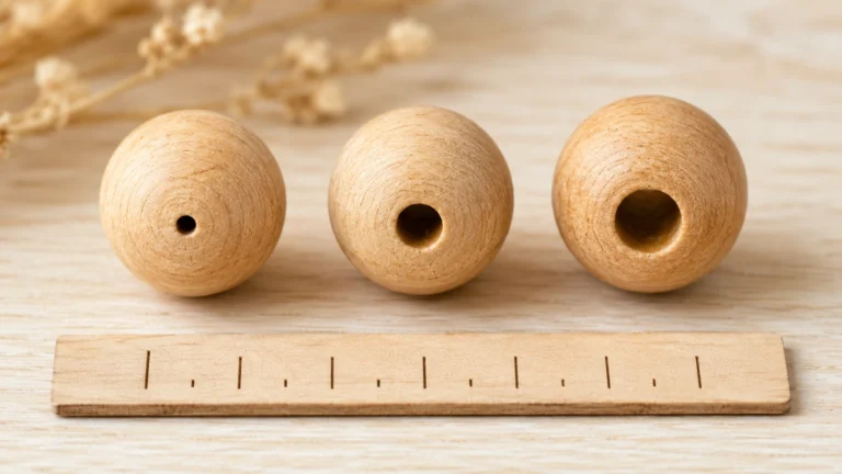 Prise de vue macro de trois perles de bois côte à côte, avec perçage de 2 mm, 3 mm et 4 mm chacune. Petite barre d'échelle à côté, éclairage très clair.