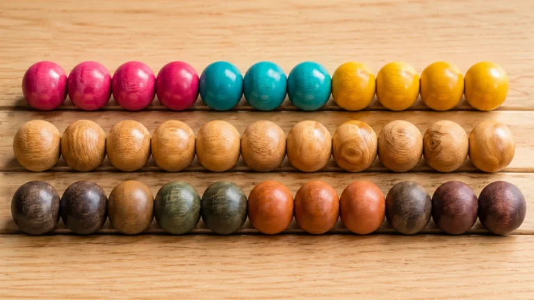 Trois rangées de perles de bois côte à côte : Rangée 1 perles brillantes avec vernis alimentaire (rose, turquoise, jaune), Rangée 2 perles naturelles scellées à la cire d'abeille avec grain de bois visible, Rangée 3 perles pigmentées à l'oxyde traitées à l'huile dure dans les tons terre.