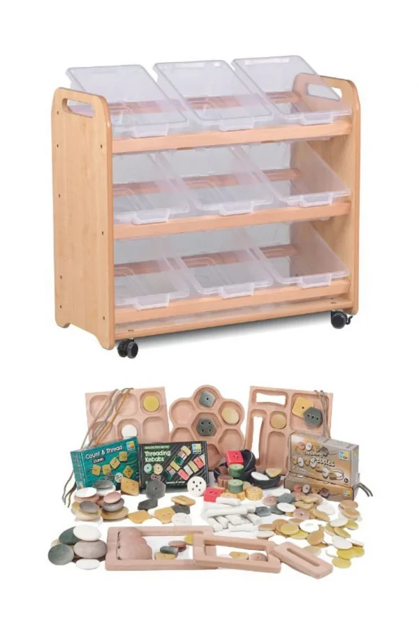 Bac de rangement basculant avec 9 bacs transparents plus ensemble PT1146 de petites pièces — Millhouse Jeux Éducatifs École