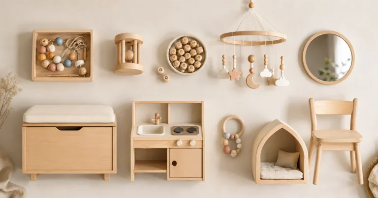 Image d'aperçu des 10 classiques en bois (kit d'enfilage, anneau de préhension, perles de lettres, mobile, miroir, chaise, banc, cuisine d'activité, anneau de dentition, grotte) disposés sur une table lumineuse.