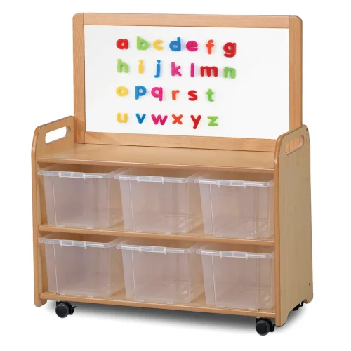 Unité mobile avec plateau tableau blanc magnétique et 6 bacs transparents — Millhouse Jeux Éducatifs École