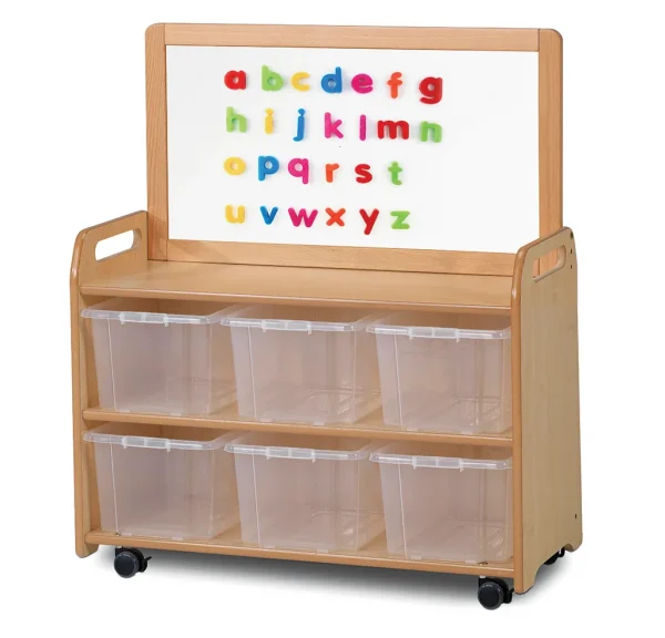 Unité mobile avec plateau tableau blanc magnétique et 6 bacs transparents — Millhouse Jeux Éducatifs École