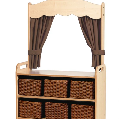Rayonnage de théâtre mobile avec rideau et 6 paniers de rangement en Taupe — Millhouse Jeu éducatif École
