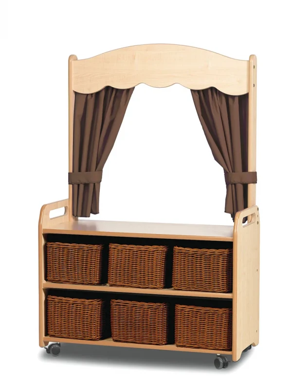 Rayonnage de théâtre mobile avec rideau et 6 paniers de rangement en Taupe — Millhouse Jeu éducatif École