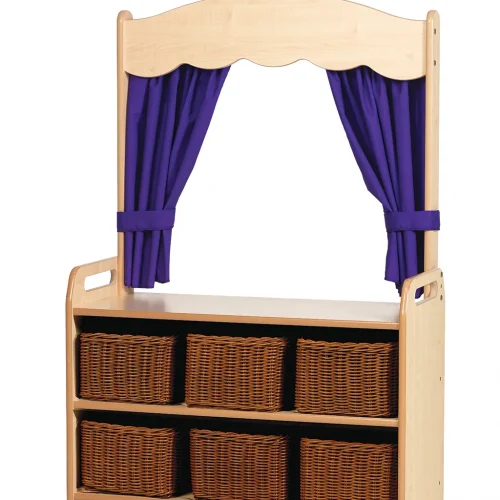 Rayonnage de théâtre mobile avec rideau et 6 paniers de rangement en Violet — Millhouse Jeu éducatif École