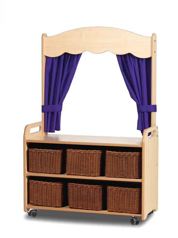 Rayonnage de théâtre mobile avec rideau et 6 paniers de rangement en Violet — Millhouse Jeu éducatif École