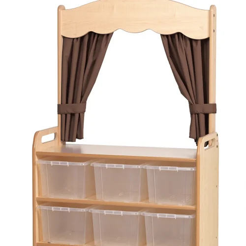 Rayonnage de théâtre mobile avec rideau et 6 boîtes de rangement transparentes en Taupe — Millhouse Jeu éducatif École