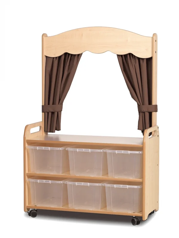 Rayonnage de théâtre mobile avec rideau et 6 boîtes de rangement transparentes en Taupe — Millhouse Jeu éducatif École