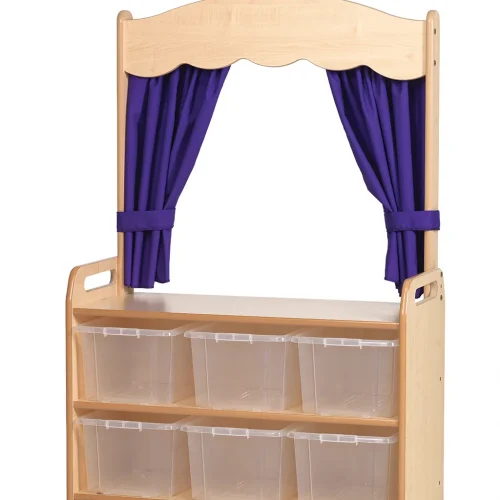 Rayonnage de théâtre mobile avec rideau et 6 boîtes de rangement transparentes — Millhouse Jeu éducatif École
