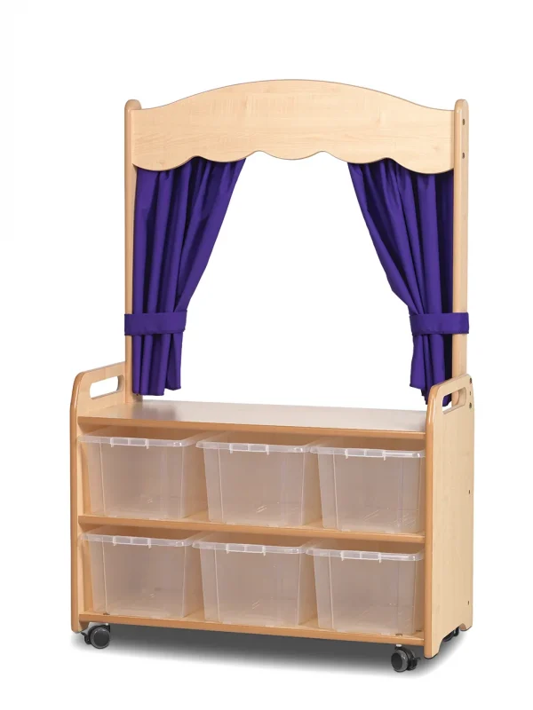 Rayonnage de théâtre mobile avec rideau et 6 boîtes de rangement transparentes — Millhouse Jeu éducatif École