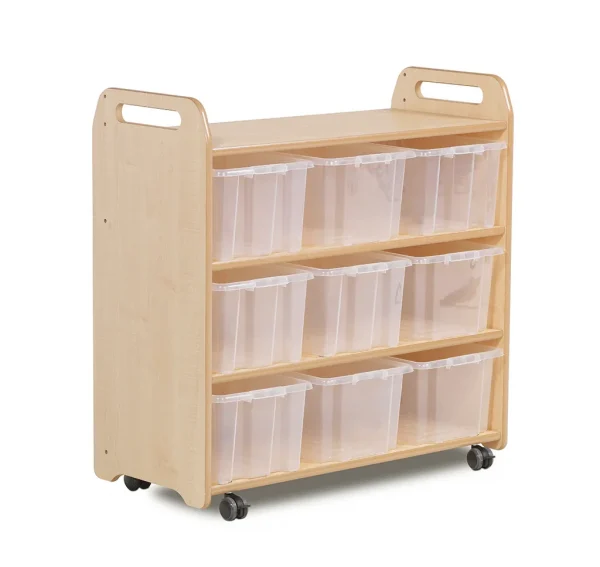 Étagère mobile avec fond miroir et 9 bacs transparents — Millhouse Jeux Éducatifs École
