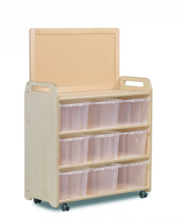 Système d'étagères mobile avec plateau vitrine et 9 bacs transparents — Millhouse Jeux Éducatifs École