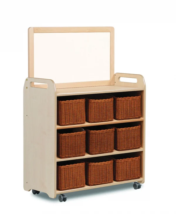 Système d'étagères mobile avec plateau tableau blanc magnétique et 9 paniers — Millhouse Jeux Éducatifs École
