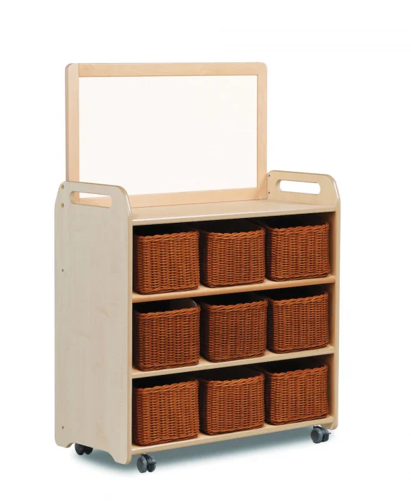 Système d'étagères mobile avec plateau tableau blanc magnétique et 9 bacs transparents — Millhouse Jeux Éducatifs École