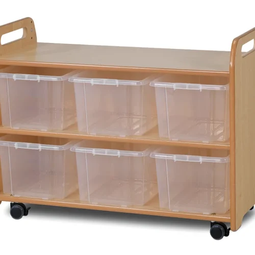 Système d'étagères mobile avec vitrine, panneau arrière miroir et 6 conteneurs transparents — Millhouse Jouets Éducatifs Scolaires