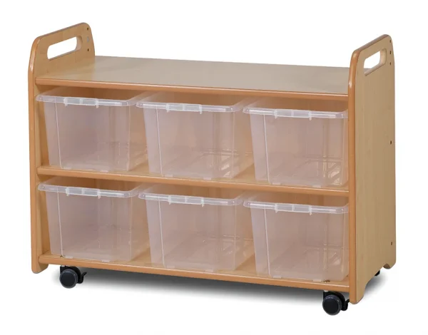 Système d'étagères mobile avec vitrine, panneau arrière miroir et 6 conteneurs transparents — Millhouse Jouets Éducatifs Scolaires