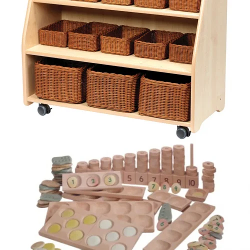 Étagère mobile à niveaux avec fond miroir, paniers et ensemble petites pièces PT1146 — Millhouse Lernspielzeug Schule