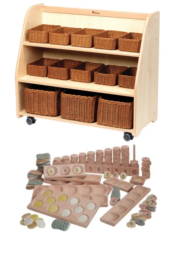 Étagère mobile à niveaux avec fond miroir, paniers et ensemble petites pièces PT1146 — Millhouse Lernspielzeug Schule