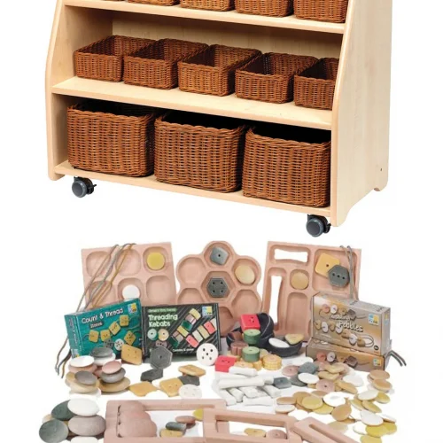 Étagère mobile à niveaux avec fond miroir, paniers et ensemble mathématiques intérieur PT1145 — Millhouse Lernspielzeug Schule
