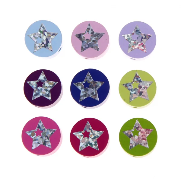 Perle motif Disque Étoile pailletée — Kiki-Ena Matériel créatif Bois naturel
