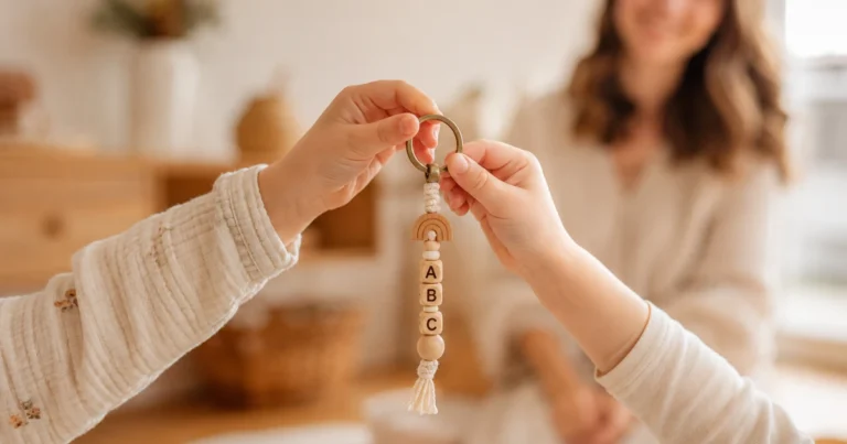 Mains d'enfant tiennent un porte-clés « MAMAN » fraîchement fabriqué, mère floue en arrière-plan.