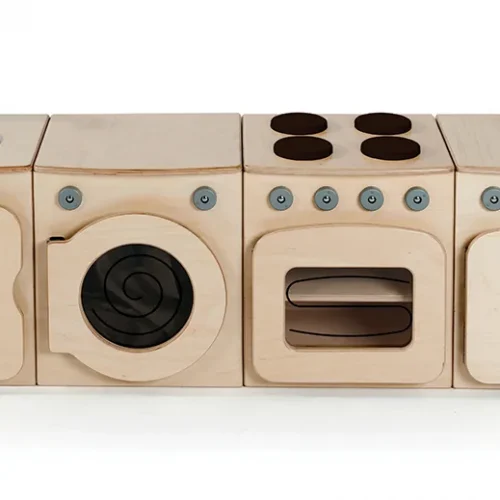 Ensemble cuisine naturel, 4 pièces – Cuisinière, Réfrigérateur, Lave-linge, Évier (H400mm) — Millhouse Jeu éducatif École
