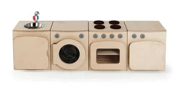 Ensemble cuisine naturel, 4 pièces – Cuisinière, Réfrigérateur, Lave-linge, Évier (H400mm) — Millhouse Jeu éducatif École