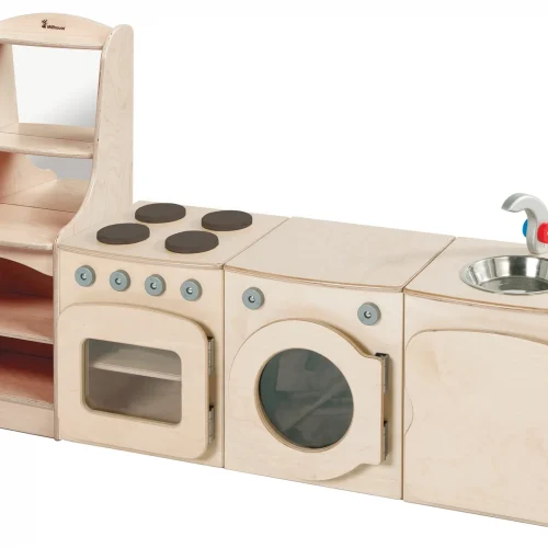 Ensemble cuisine naturel, 4 pièces – Cuisinière, Évier, Lave-linge, Armoire de rangement (H400mm) — Millhouse Jeu éducatif École