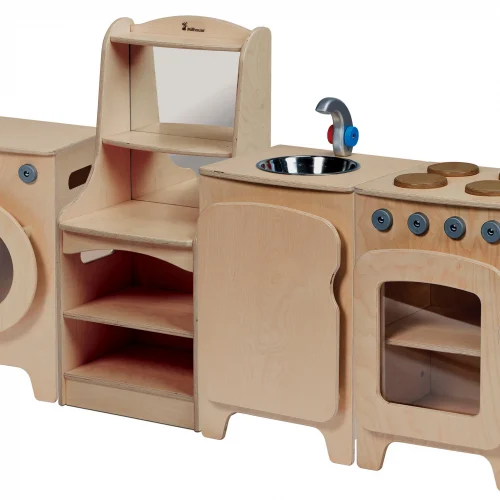 Ensemble de cuisine naturel, 4 pièces – Cuisinière, Évier, Machine à laver, Armoire de rangement (H 550 mm) — Millhouse Jouets éducatifs École