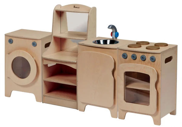 Ensemble de cuisine naturel, 4 pièces – Cuisinière, Évier, Machine à laver, Armoire de rangement (H 550 mm) — Millhouse Jouets éducatifs École