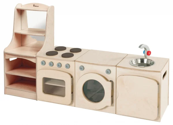 Ensemble cuisine naturel, 4 pièces – Cuisinière, Évier, Lave-linge, Armoire de rangement (H400mm) — Millhouse Jeu éducatif École