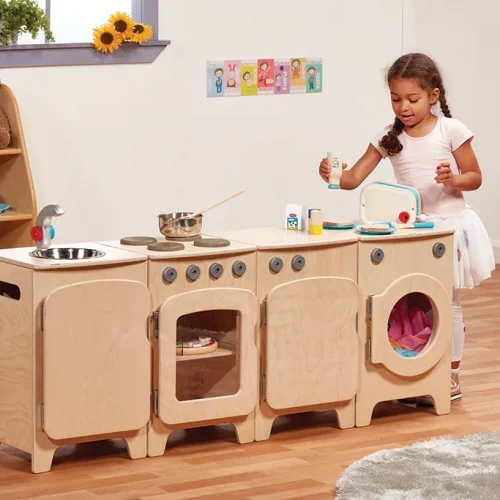 Ensemble de cuisine naturel, 4 pièces – Cuisinière, Évier, Machine à laver, Réfrigérateur (H 550 mm) — Millhouse Jouets éducatifs École