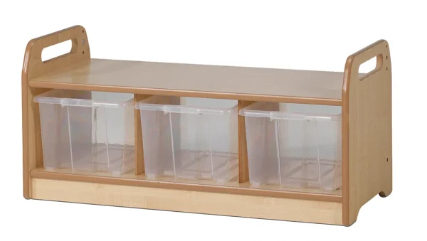 Banc de rangement bas avec 3 conteneurs transparents — Millhouse Jouets Éducatifs Scolaires