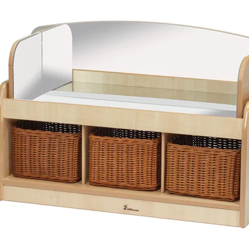 Station de jeu sensorielle basse avec cadre miroir et 3 paniers de rangement — Millhouse jouet éducatif scolaire