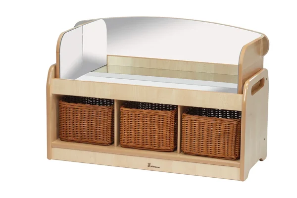 Station de jeu sensorielle basse avec cadre miroir et 3 paniers de rangement — Millhouse jouet éducatif scolaire