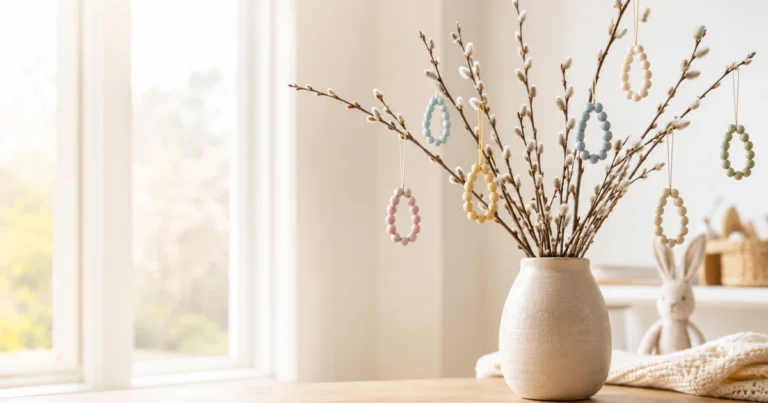 Branche fleurie de Pâques avec pendentifs en forme d'œufs faits maison en perles de bois, devant fenêtre lumineuse. Ambiance printanière.