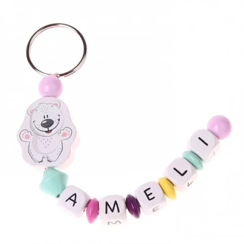 Porte-clés en perles de bois Ours polaire Rose personnalisable • Kit créatif — Kiki-Ena Matériel créatif Bois naturel