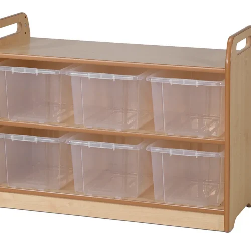 Unité de rangement avec vitrine, panneau arrière miroir et 6 conteneurs transparents — Millhouse Jouets Éducatifs Scolaires