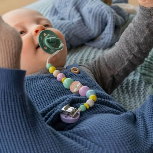 Ensemble artisanal Attache-sucette Arc-en-ciel rose — Kiki-Ena Matériel artisanal Bois naturel