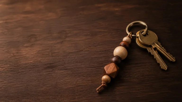 Pendentif fini sur un porte-clés, posé sur une planche de bois foncée. Éclairage chaud, lumière douce.