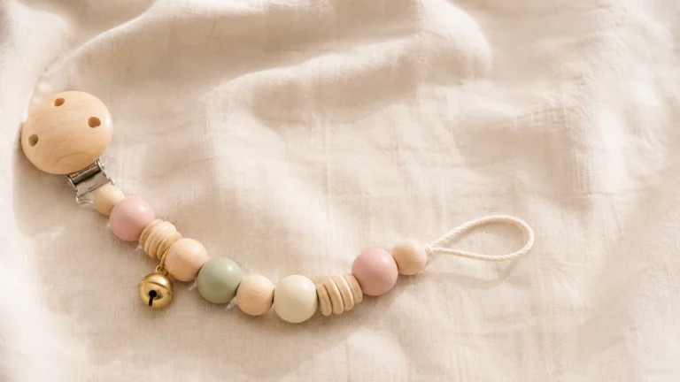 Une chaîne de sucette prête à l'emploi avec une clochette repose sur un linge en lin clair, lumière naturelle subtilement stylisée. Perles en bois pastel, une petite clochette en laiton, perle de sécurité visible. Chaleureux, serein.