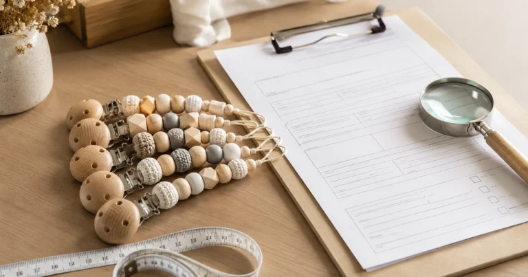 Pile de différentes chaînes de sucette prêtes à l'emploi + classeur à pince ouvert avec document de déclaration de conformité (vide) à côté d'un mètre et d'une loupe. Atmosphère artisanale professionnelle sur un bureau en bois, lumière solaire claire.