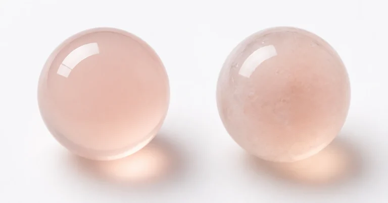Représentation scientifique : deux perles de silicone côte à côte, à gauche silicone réticulé au platine (clair, uniforme), à droite silicone réticulé au peroxyde (légèrement trouble). Lumière studio, fond blanc.