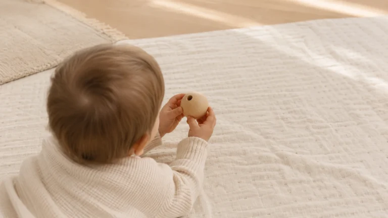 Enfant d'un an sur un tapis de jeu (mains et arrière de la tête uniquement), tenant une grande perle en bois (30 mm) dans sa main et l'observant avec concentration.