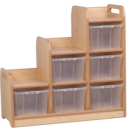 Étagère en escalier séparateur gauche avec 6 boîtes de rangement transparentes — Millhouse jeu d'apprentissage École