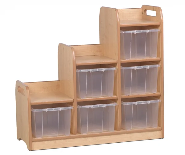 Étagère en escalier séparateur gauche avec 6 boîtes de rangement transparentes — Millhouse jeu d'apprentissage École