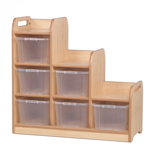 Étagère en escalier séparateur gauche avec 6 boîtes de rangement transparentes — Millhouse jeu d'apprentissage École